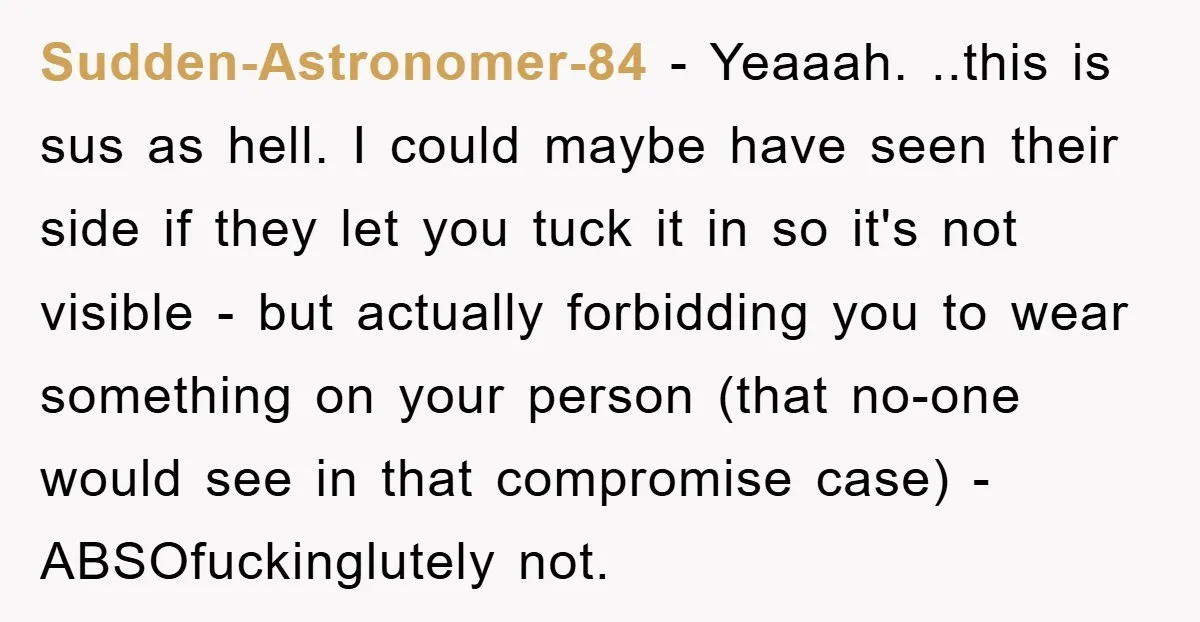 Sudden-Astronomer-84 − Yeaaah. ..this is sus as hell. I could maybe have seen their side if they let you tuck it in so it's not visible - but actually forbidding...