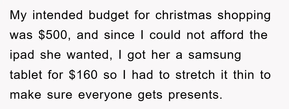 My intended budget for christmas shopping was $500, and since I could not afford the ipad she wanted, I got her a samsung tablet for $160 so I had to...