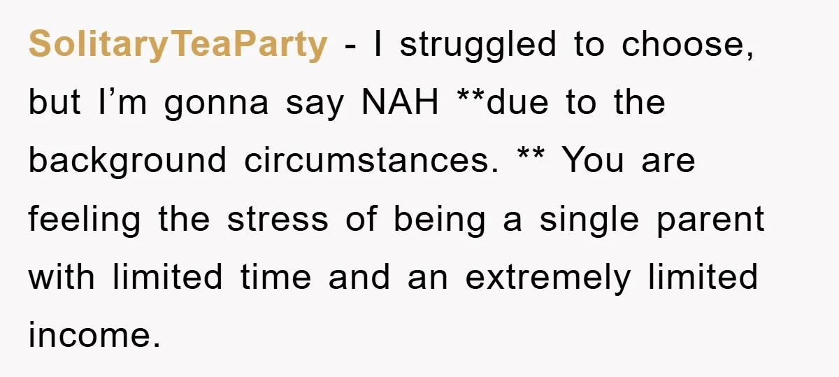 SolitaryTeaParty − I struggled to choose, but I’m gonna say NAH **due to the background circumstances. ** You are feeling the stress of being a single parent with limited time...