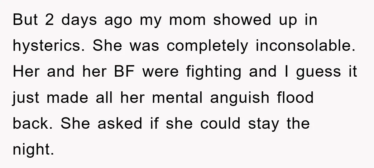 But 2 days ago my mom showed up in hysterics. She was completely inconsolable. Her and her BF were fighting and I guess it just made all her mental anguish...