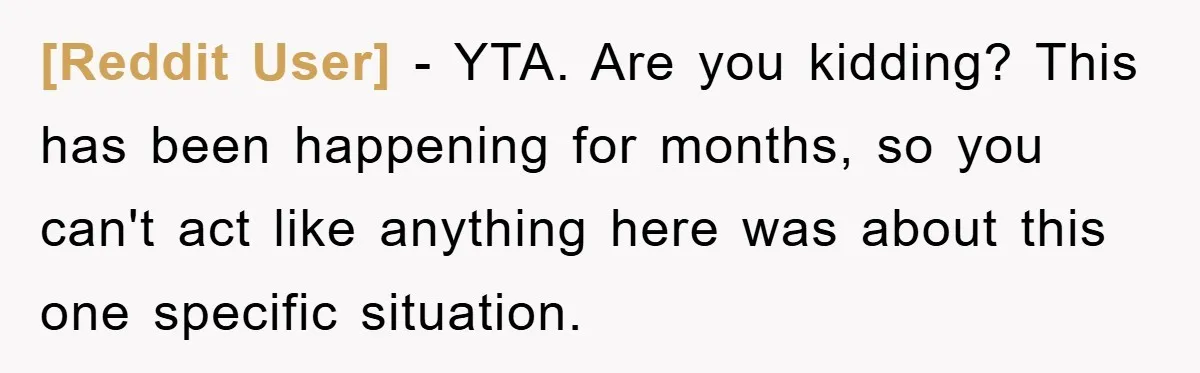 [Reddit User] − YTA. Are you kidding? This has been happening for months, so you can't act like anything here was about this one specific situation.