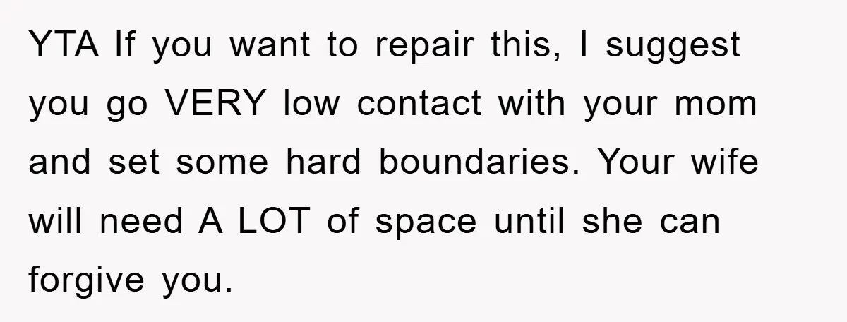 YTA If you want to repair this, I suggest you go VERY low contact with your mom and set some hard boundaries. Your wife will need A LOT of space...