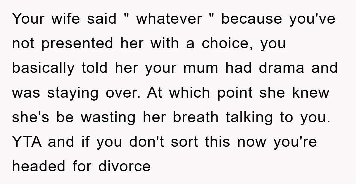 Your wife said " whatever " because you've not presented her with a choice, you basically told her your mum had drama and was staying over. At which point she...