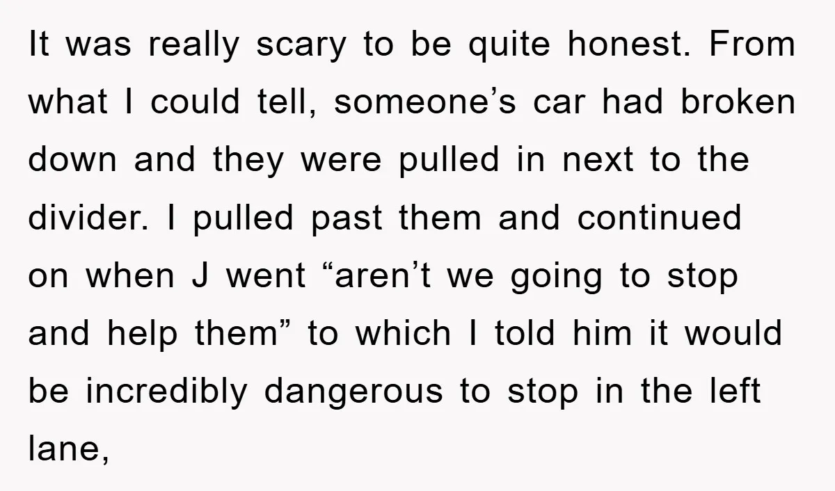 It was really scary to be quite honest. From what I could tell, someone’s car had broken down and they were pulled in next to the divider. I pulled past...