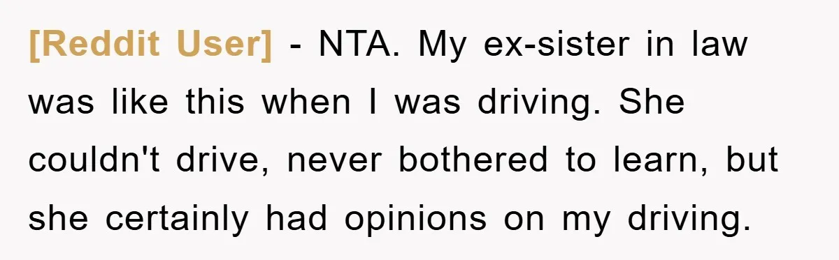 [Reddit User] − NTA. My ex-sister in law was like this when I was driving. She couldn't drive, never bothered to learn, but she certainly had opinions on my driving.