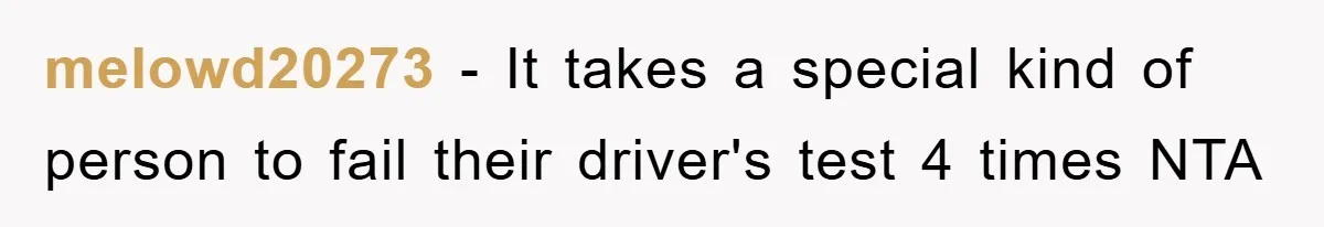 melowd20273 − It takes a special kind of person to fail their driver's test 4 times NTA