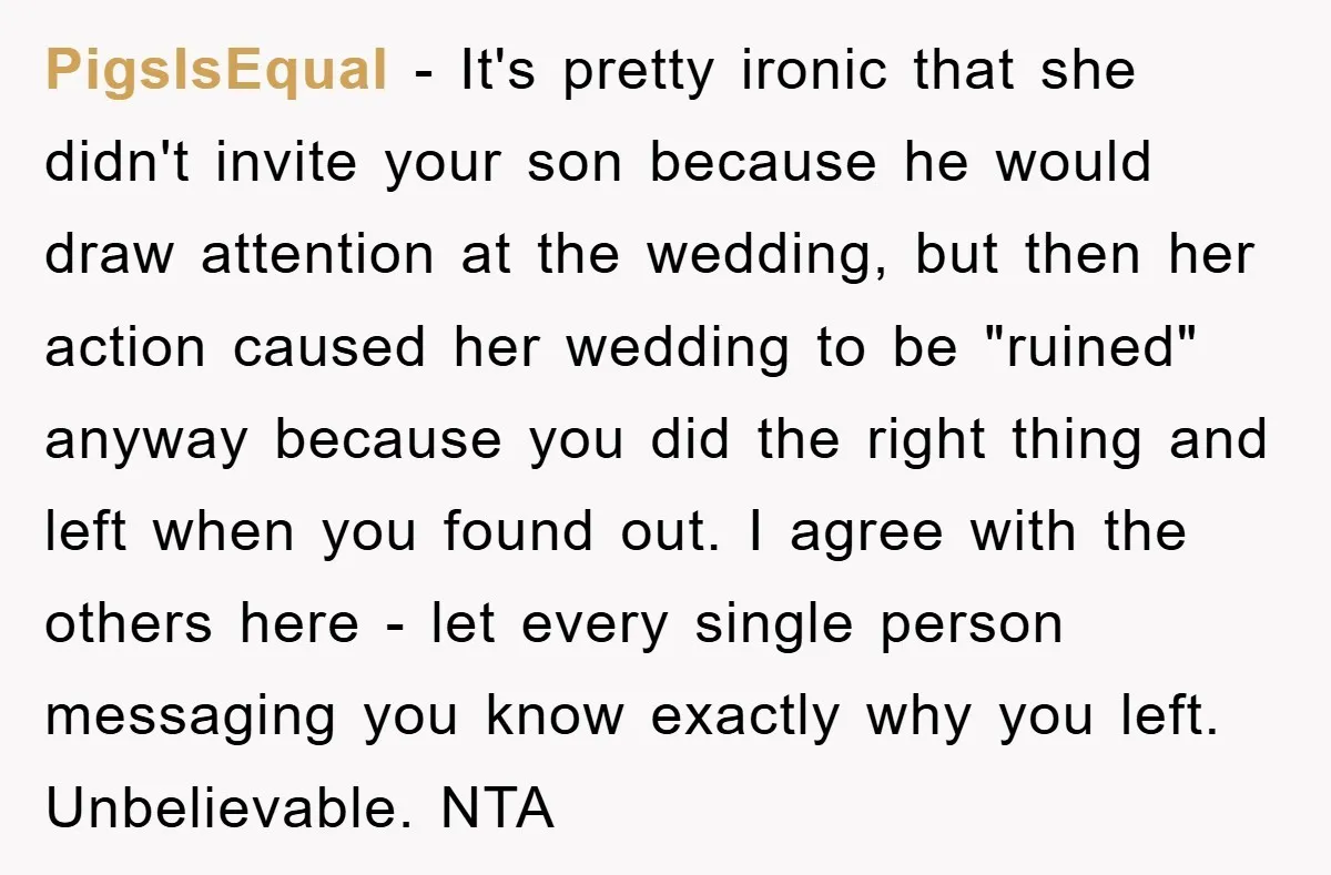 PigsIsEqual − It's pretty ironic that she didn't invite your son because he would draw attention at the wedding, but then her action caused her wedding to be "ruined" anyway...