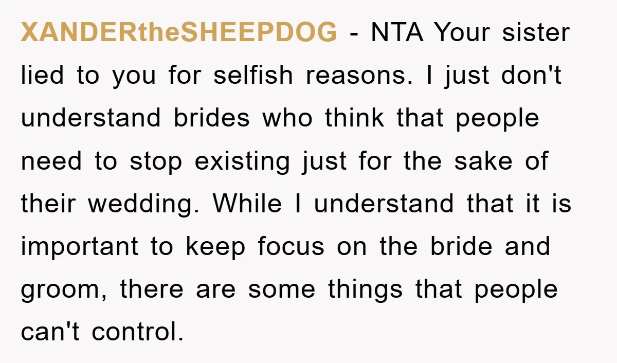 XANDERtheSHEEPDOG − NTA Your sister lied to you for selfish reasons. I just don't understand brides who think that people need to stop existing just for the sake of their...