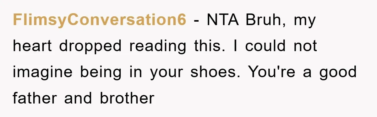 FlimsyConversation6 − NTA Bruh, my heart dropped reading this. I could not imagine being in your shoes. You're a good father and brother
