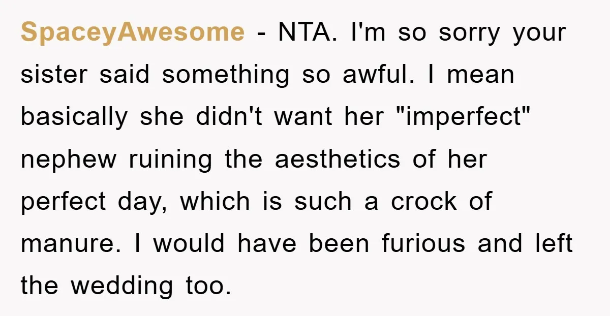 SpaceyAwesome − NTA. I'm so sorry your sister said something so awful. I mean basically she didn't want her "imperfect" nephew ruining the aesthetics of her perfect day, which is...
