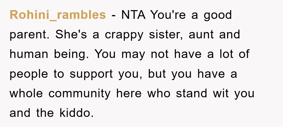 Rohini_rambles − NTA You're a good parent. She's a crappy sister, aunt and human being. You may not have a lot of people to support you, but you have a...