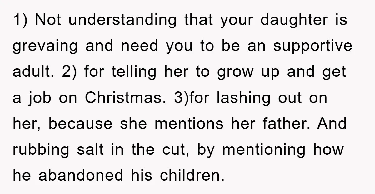 1) Not understanding that your daughter is grevaing and need you to be an supportive adult. 2) for telling her to grow up and get a job on Christmas. 3)for...