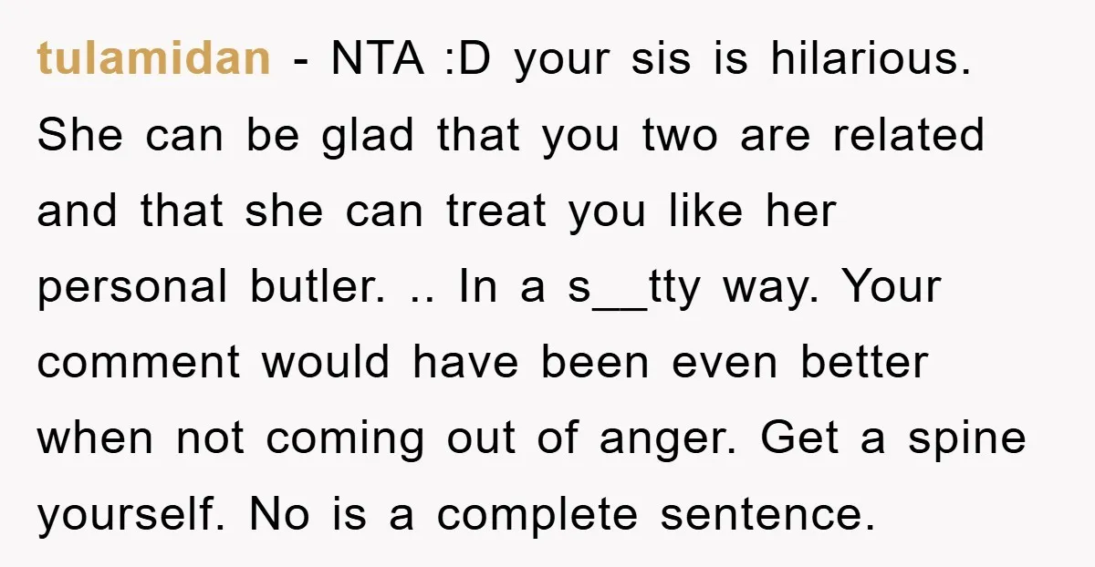 tulamidan − NTA :D your sis is hilarious. She can be glad that you two are related and that she can treat you like her personal butler. .. In a...
