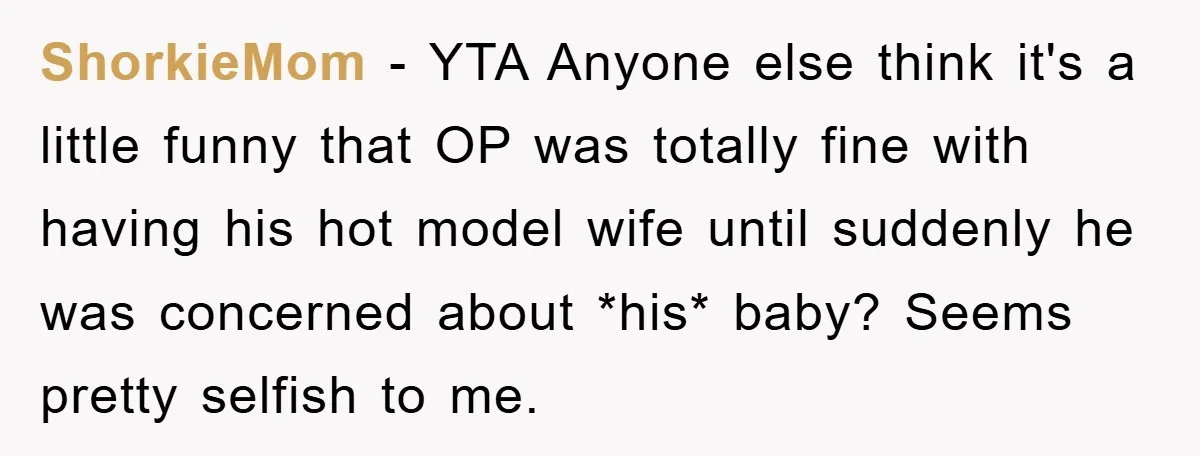 ShorkieMom − YTA Anyone else think it's a little funny that OP was totally fine with having his hot model wife until suddenly he was concerned about *his* baby? Seems...