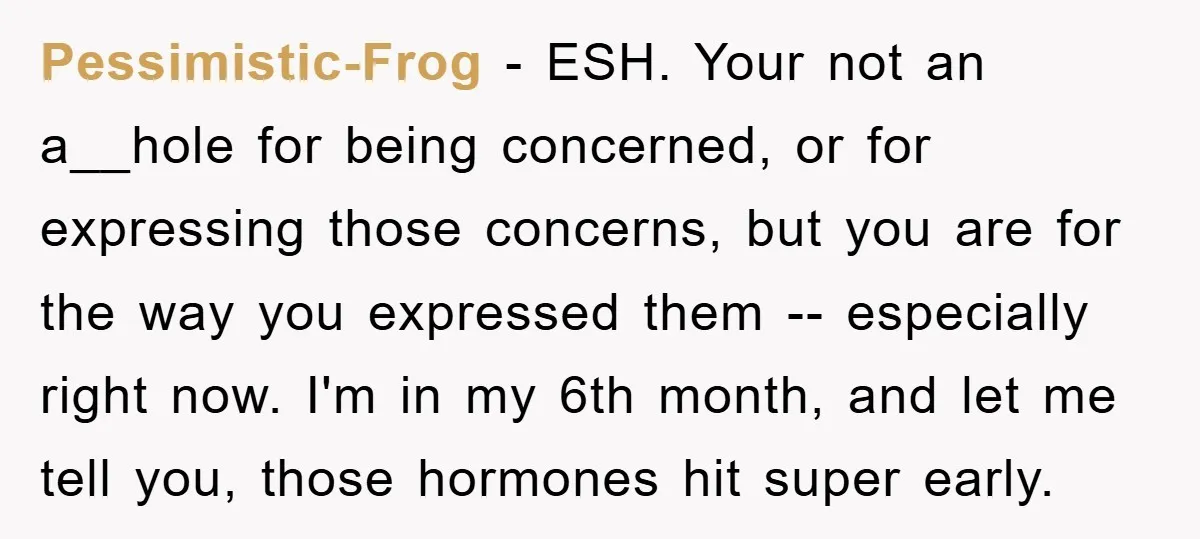 Pessimistic-Frog − ESH. Your not an a__hole for being concerned, or for expressing those concerns, but you are for the way you expressed them -- especially right now. I'm in...