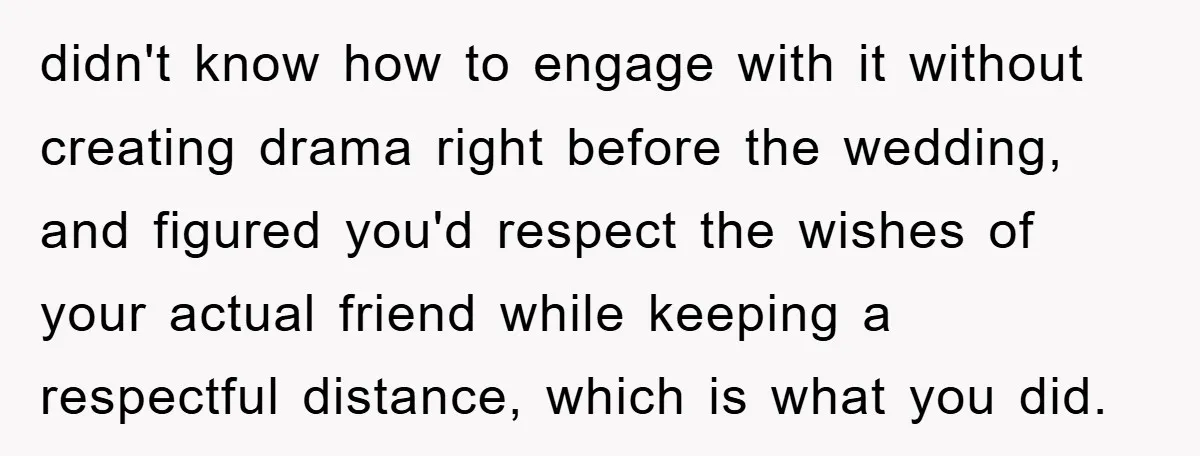 didn't know how to engage with it without creating drama right before the wedding, and figured you'd respect the wishes of your actual friend while keeping a respectful distance, which...