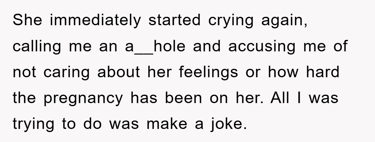 She immediately started crying again, calling me an a__hole and accusing me of not caring about her feelings or how hard the pregnancy has been on her. All I was...