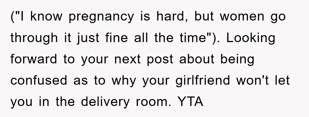 ("I know pregnancy is hard, but women go through it just fine all the time"). Looking forward to your next post about being confused as to why your girlfriend won't...