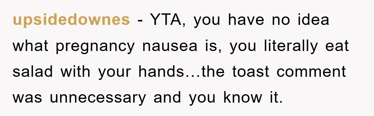 upsidedownes − YTA, you have no idea what pregnancy nausea is, you literally eat salad with your hands…the toast comment was unnecessary and you know it.