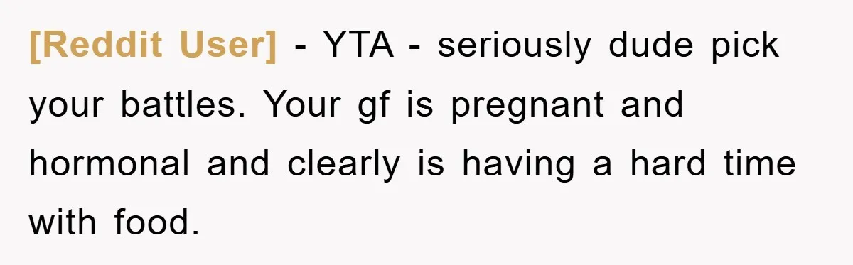 [Reddit User] − YTA - seriously dude pick your battles. Your gf is pregnant and hormonal and clearly is having a hard time with food.