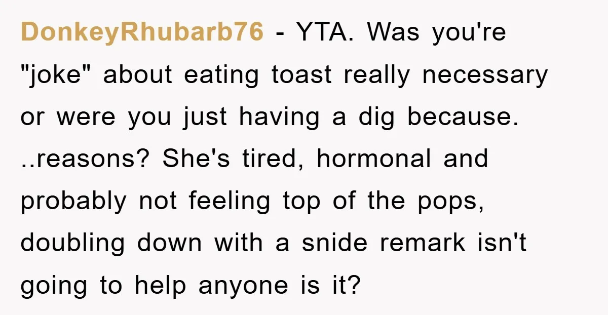 DonkeyRhubarb76 − YTA. Was you're "joke" about eating toast really necessary or were you just having a dig because. ..reasons? She's tired, hormonal and probably not feeling top of the...