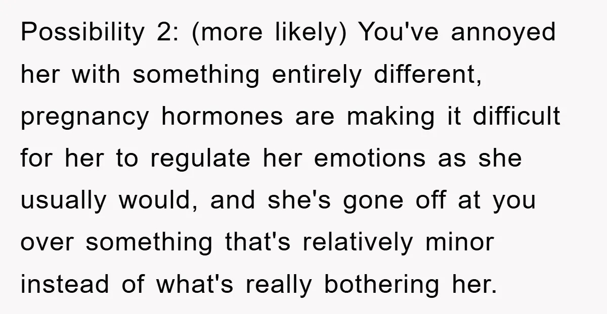 Possibility 2: (more likely) You've annoyed her with something entirely different, pregnancy hormones are making it difficult for her to regulate her emotions as she usually would, and she's gone...
