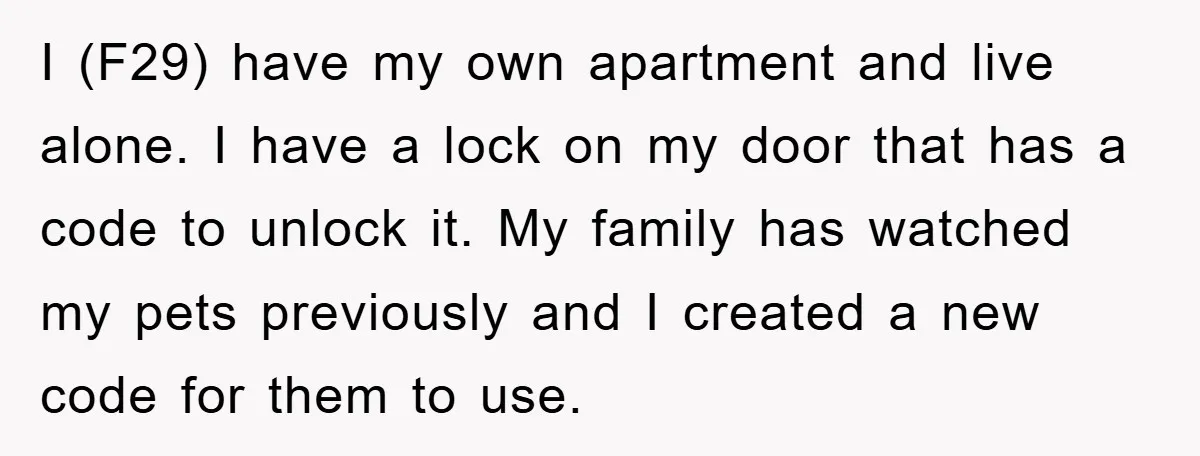 I (F29) have my own apartment and live alone. I have a lock on my door that has a code to unlock it. My family has watched my pets previously...