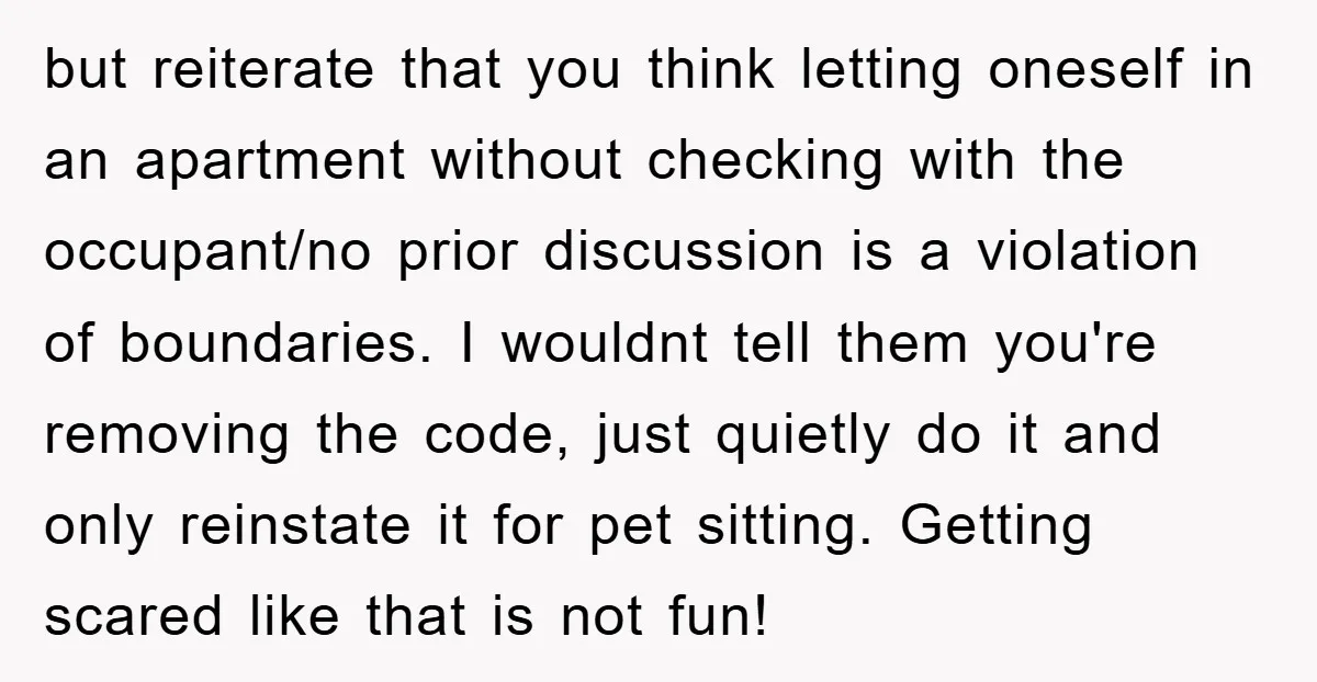 but reiterate that you think letting oneself in an apartment without checking with the occupant/no prior discussion is a violation of boundaries. I wouldnt tell them you're removing the code,...