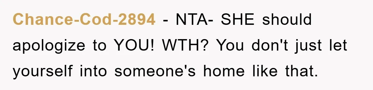 Chance-Cod-2894 − NTA- SHE should apologize to YOU! WTH? You don't just let yourself into someone's home like that.