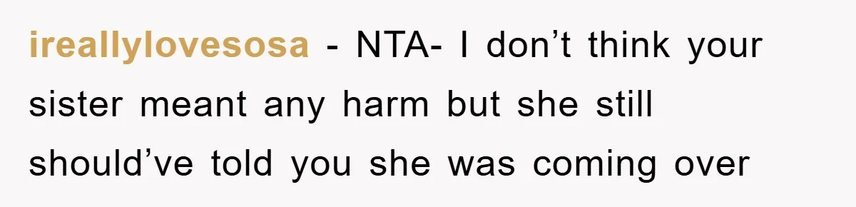 ireallylovesosa − NTA- I don’t think your sister meant any harm but she still should’ve told you she was coming over