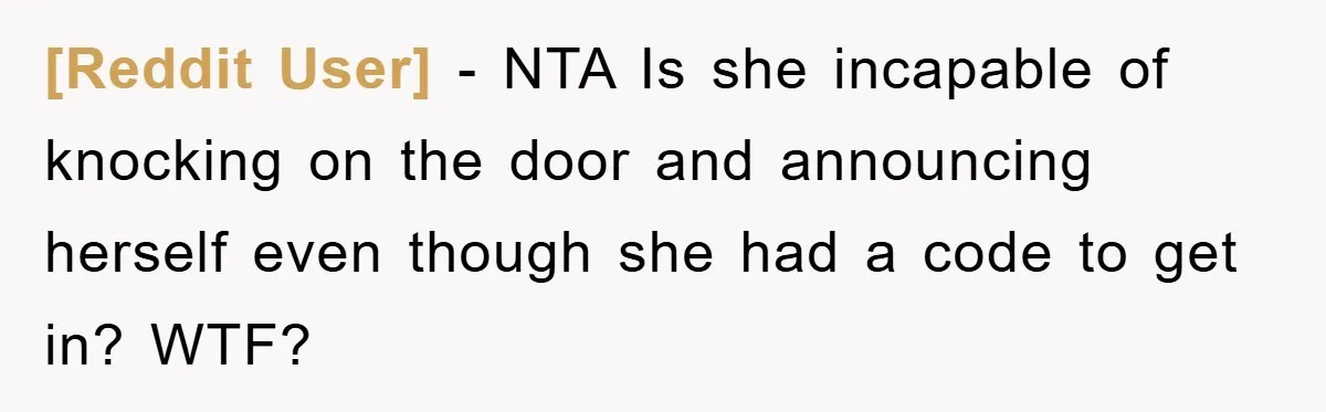 [Reddit User] − NTA Is she incapable of knocking on the door and announcing herself even though she had a code to get in? WTF?