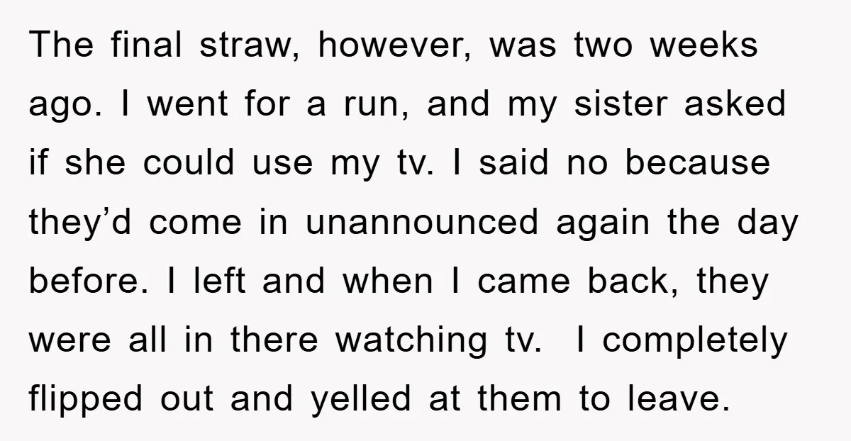 The final straw, however, was two weeks ago. I went for a run, and my sister asked if she could use my tv. I said no because they’d come in...