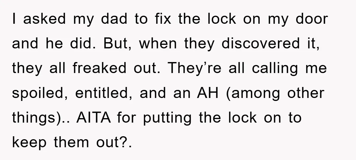 I asked my dad to fix the lock on my door and he did. But, when they discovered it, they all freaked out. They’re all calling me spoiled, entitled, and...