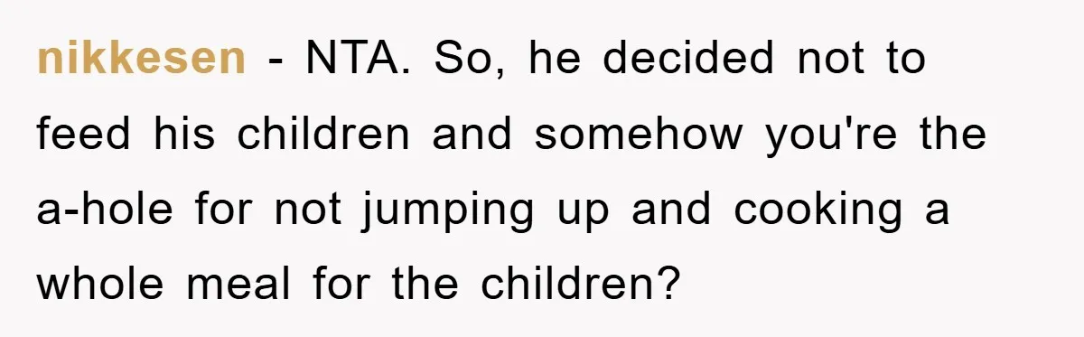 nikkesen − NTA. So, he decided not to feed his children and somehow you're the a-hole for not jumping up and cooking a whole meal for the children?