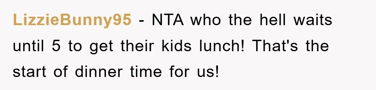 LizzieBunny95 − NTA who the hell waits until 5 to get their kids lunch! That's the start of dinner time for us!