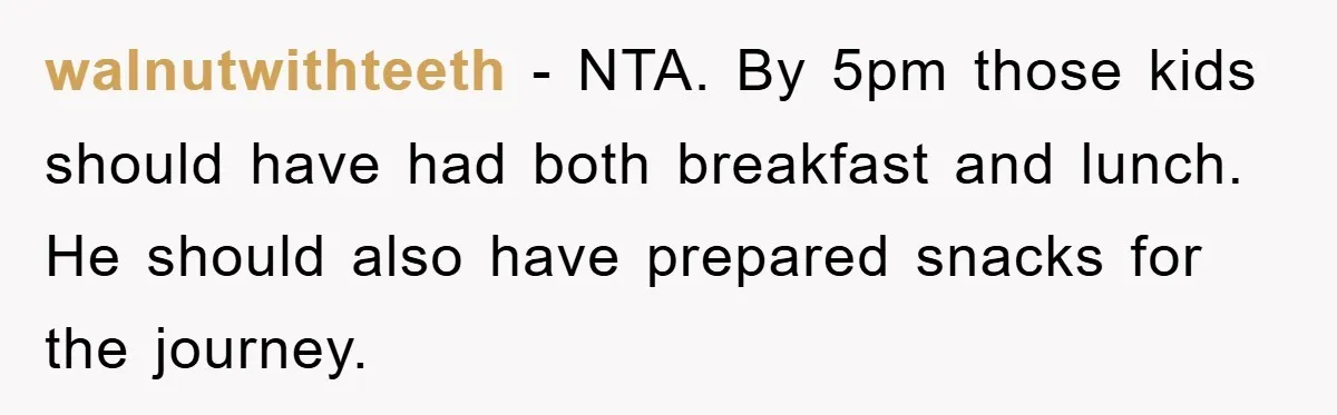 walnutwithteeth − NTA. By 5pm those kids should have had both breakfast and lunch. He should also have prepared snacks for the journey.