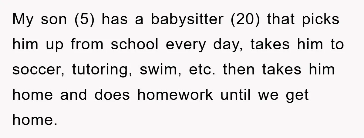 My son (5) has a babysitter (20) that picks him up from school every day, takes him to soccer, tutoring, swim, etc. then takes him home and does homework until...