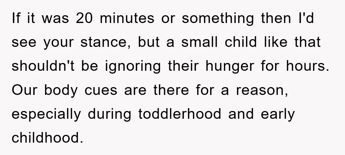 If it was 20 minutes or something then I'd see your stance, but a small child like that shouldn't be ignoring their hunger for hours. Our body cues are there...