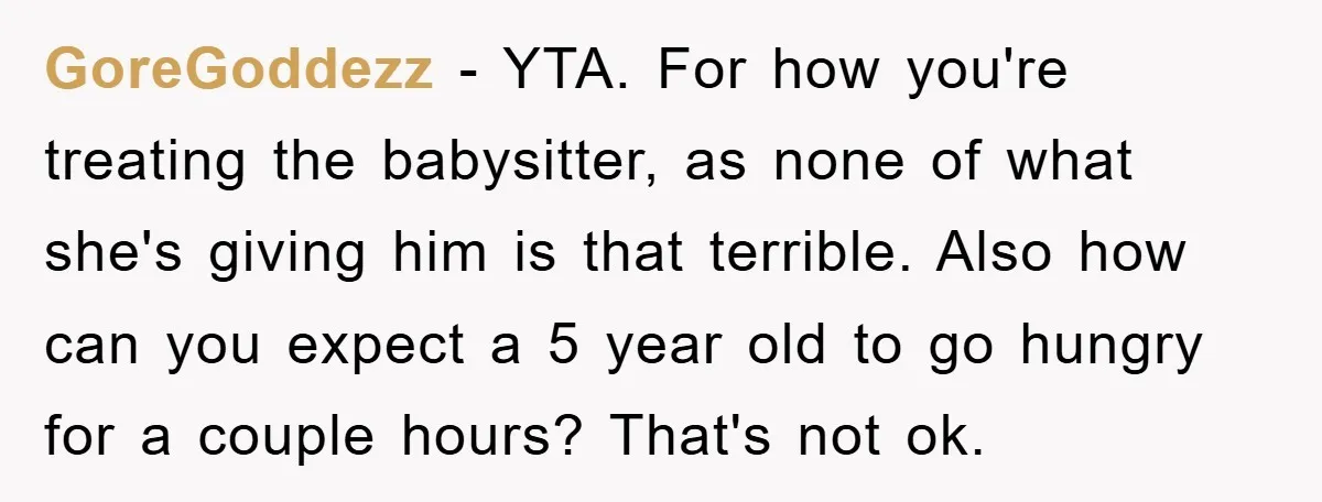 GoreGoddezz − YTA. For how you're treating the babysitter, as none of what she's giving him is that terrible. Also how can you expect a 5 year old to go...