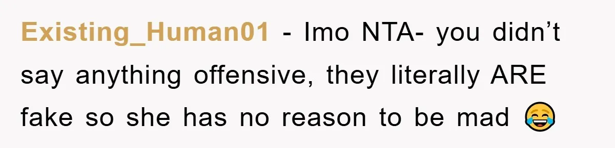 Existing_Human01 − Imo NTA- you didn’t say anything offensive, they literally ARE fake so she has no reason to be mad 😂
