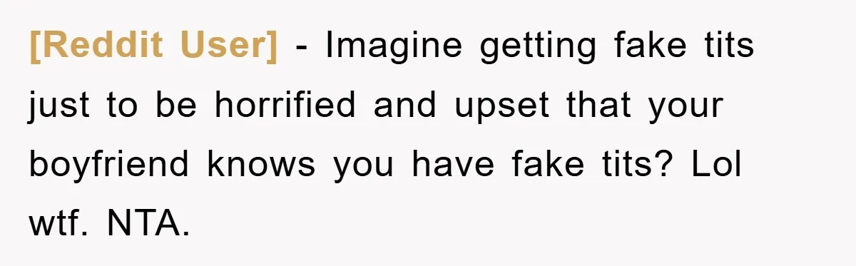 [Reddit User] − Imagine getting fake tits just to be horrified and upset that your boyfriend knows you have fake tits? Lol wtf. NTA.