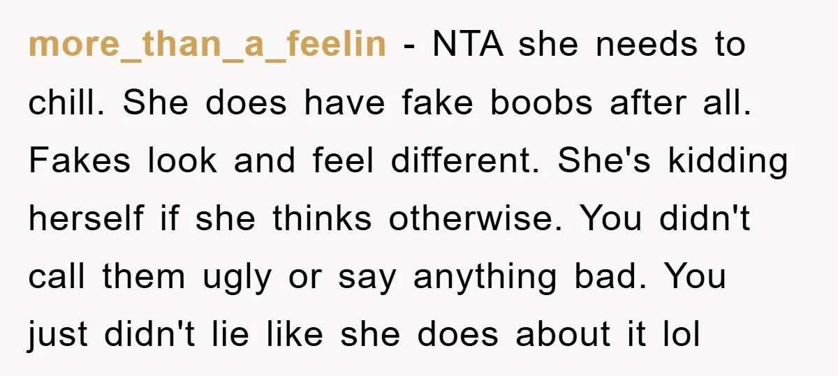 more_than_a_feelin − NTA she needs to chill. She does have fake boobs after all. Fakes look and feel different. She's kidding herself if she thinks otherwise. You didn't call them...