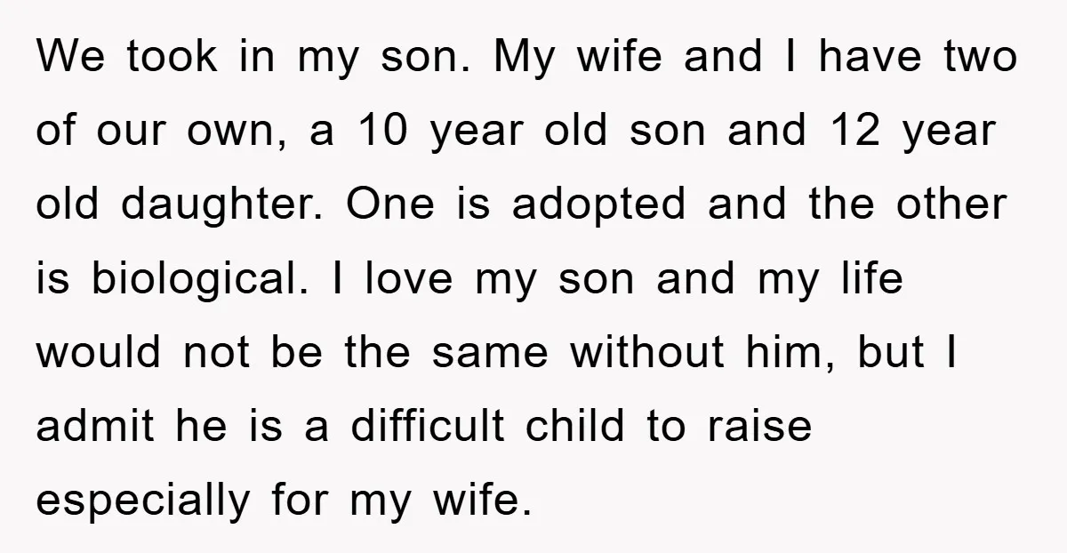 We took in my son. My wife and I have two of our own, a 10 year old son and 12 year old daughter. One is adopted and the other...