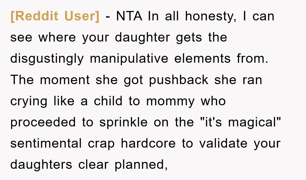 [Reddit User] − NTA In all honesty, I can see where your daughter gets the disgustingly manipulative elements from. The moment she got pushback she ran crying like a child...