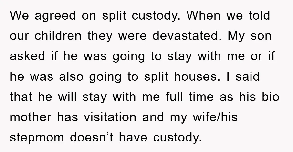 We agreed on split custody. When we told our children they were devastated. My son asked if he was going to stay with me or if he was also going...
