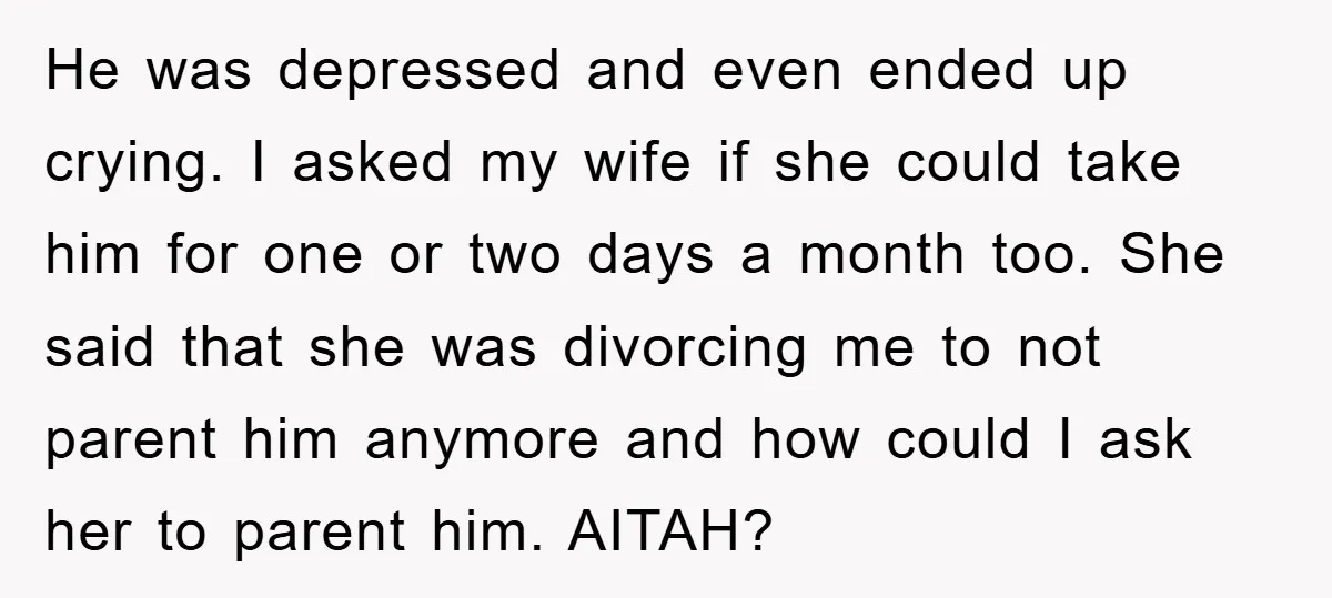 He was depressed and even ended up crying. I asked my wife if she could take him for one or two days a month too. She said that she was...
