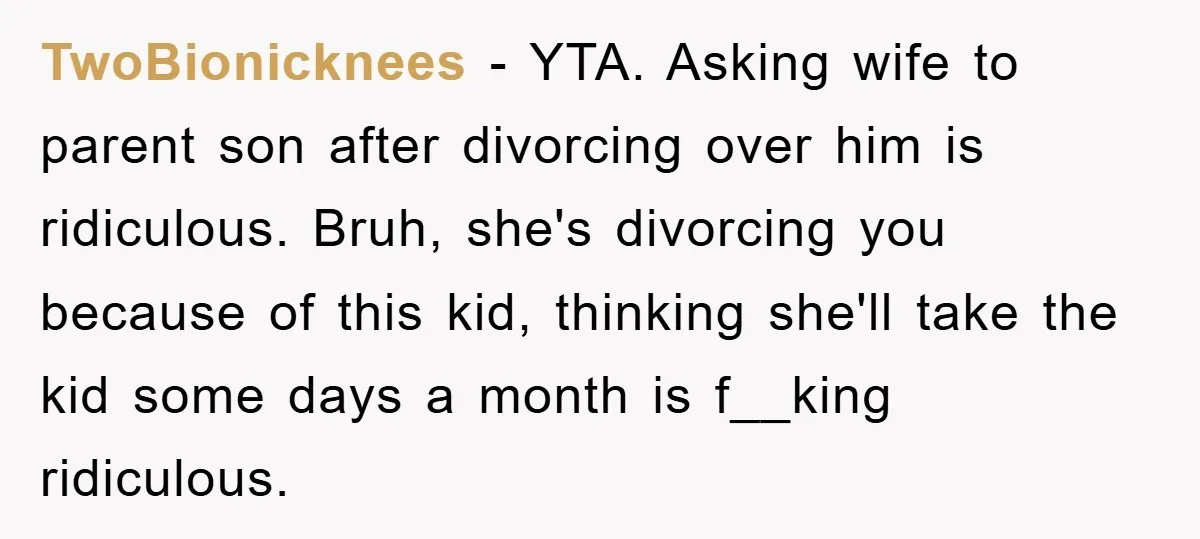TwoBionicknees − YTA. Asking wife to parent son after divorcing over him is ridiculous. Bruh, she's divorcing you because of this kid, thinking she'll take the kid some days a...