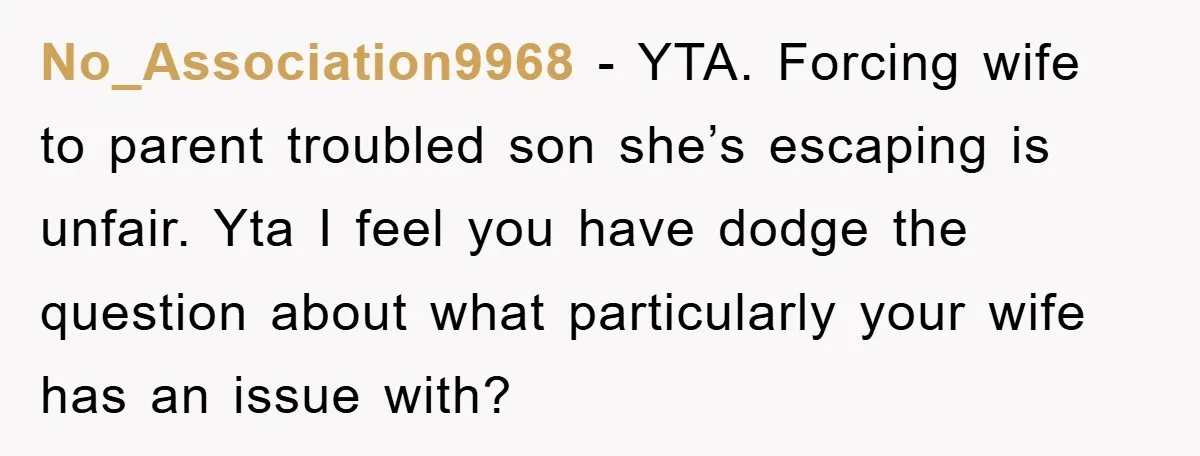 No_Association9968 − YTA. Forcing wife to parent troubled son she’s escaping is unfair. Yta I feel you have dodge the question about what particularly your wife has an issue with?