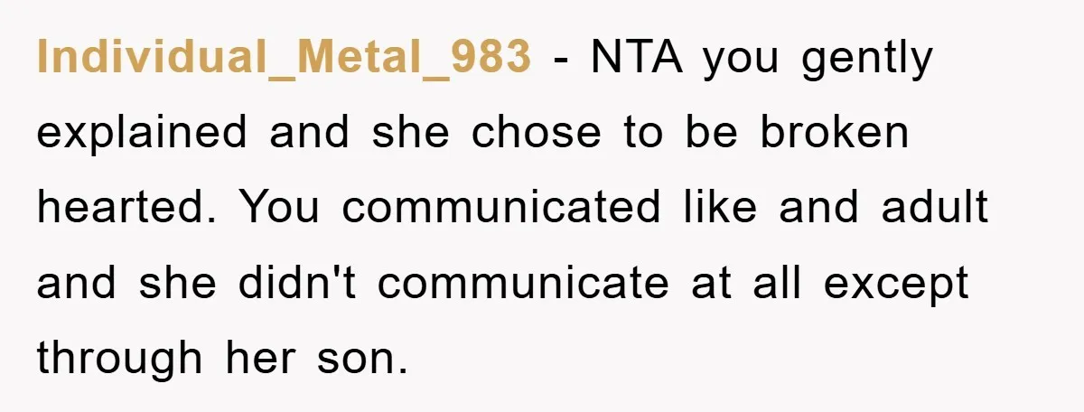 Individual_Metal_983 − NTA you gently explained and she chose to be broken hearted. You communicated like and adult and she didn't communicate at all except through her son.