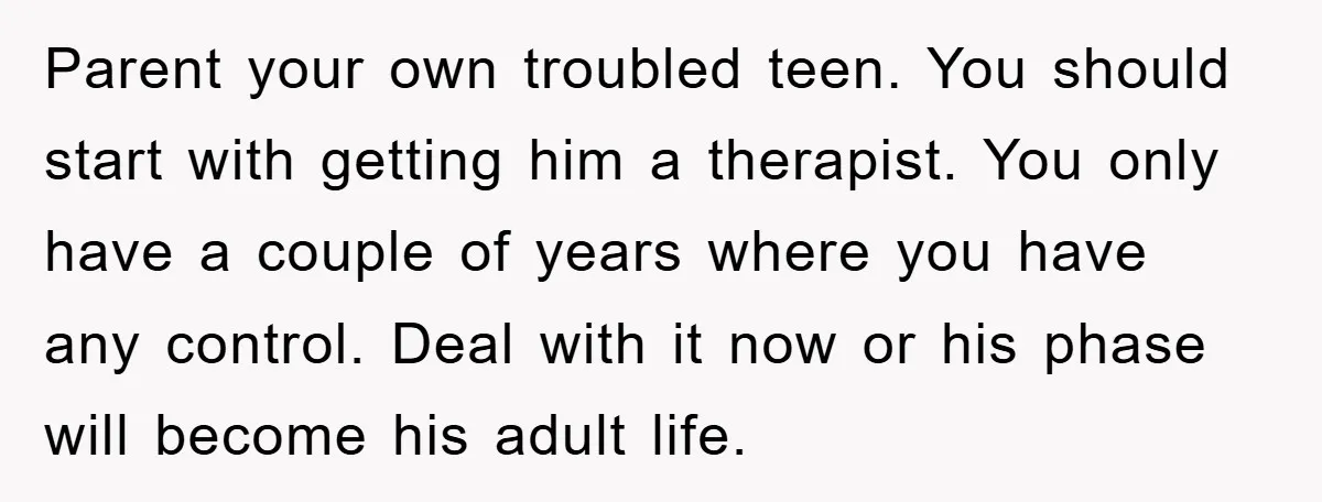 Parent your own troubled teen. You should start with getting him a therapist. You only have a couple of years where you have any control. Deal with it now or...